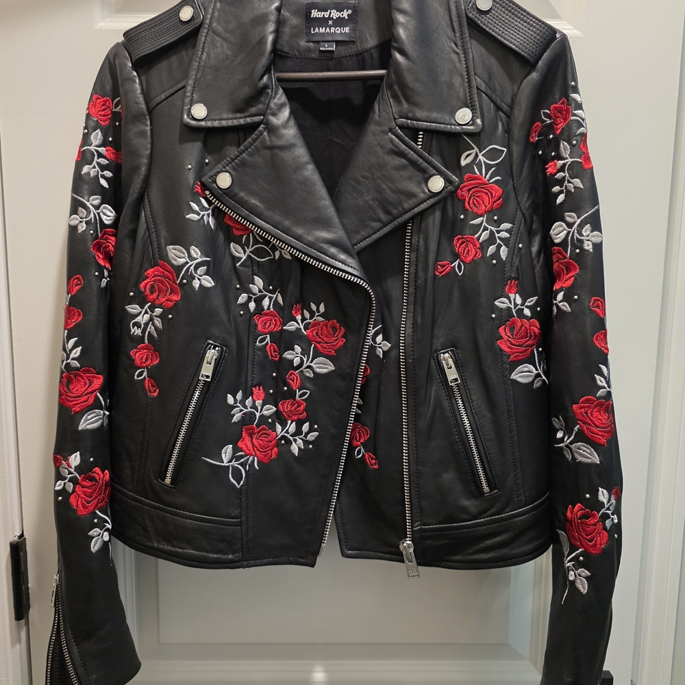 Hard Rock Casino- LAMARQUE Black Leather Jacket with Red and White Floral Design